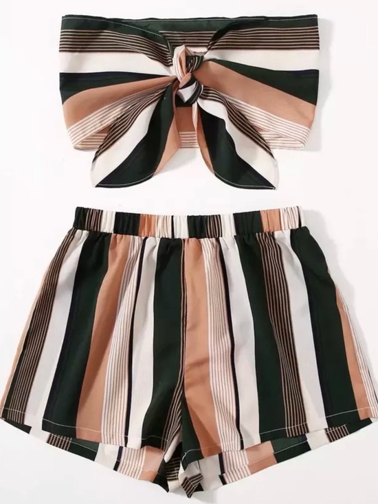 SHEIN Pants - SHEIN Green, Tan & White Striped Tie-Front Tube Top with High Waist Shorts